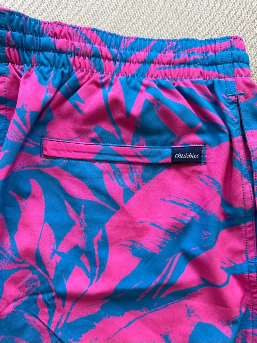 chubbies Pink & Blue Tropical Leaf Swim Trunks
